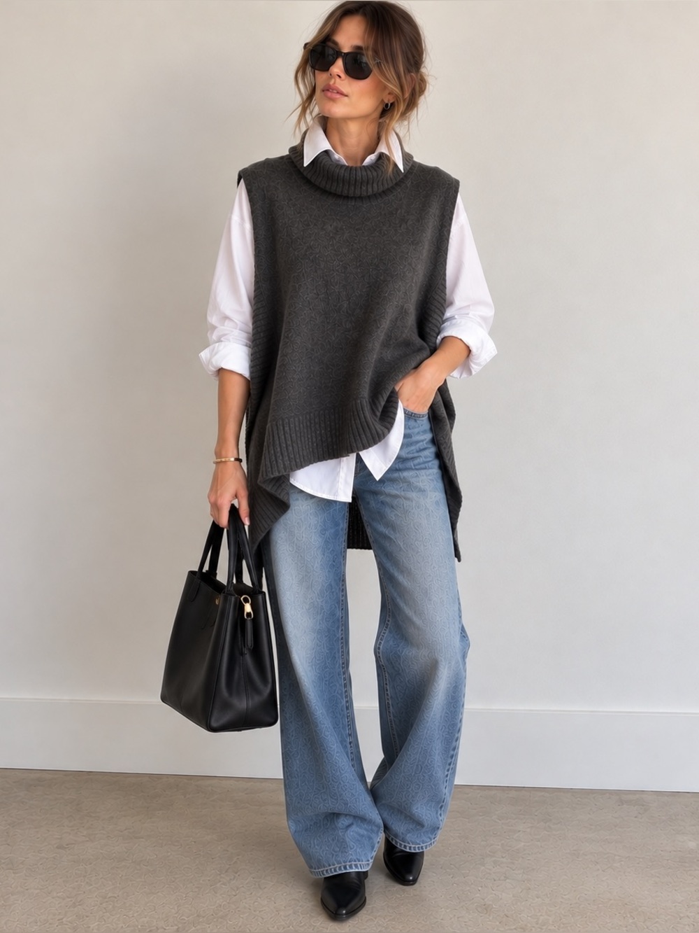 BCBG Charcoal Cashmere Wool Pullover Kasia Tunic Sweater Women Size M/L